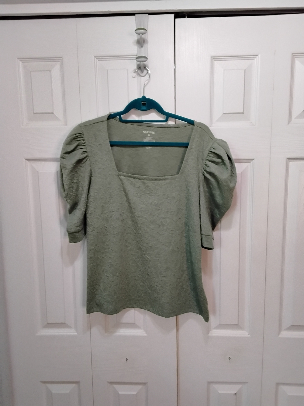 Nine West Sage Green Puff-Sleeve Square Neck Top
